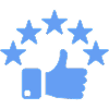Five blue stars above a thumbs-up icon representing 5-star customer ratings and service excellence.