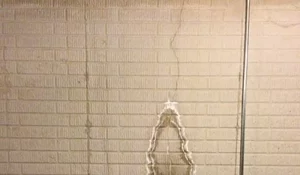 A cracked basement wall with visible water staining and a patched repair area, illustrating the risks of foundation cracks and moisture intrusion.