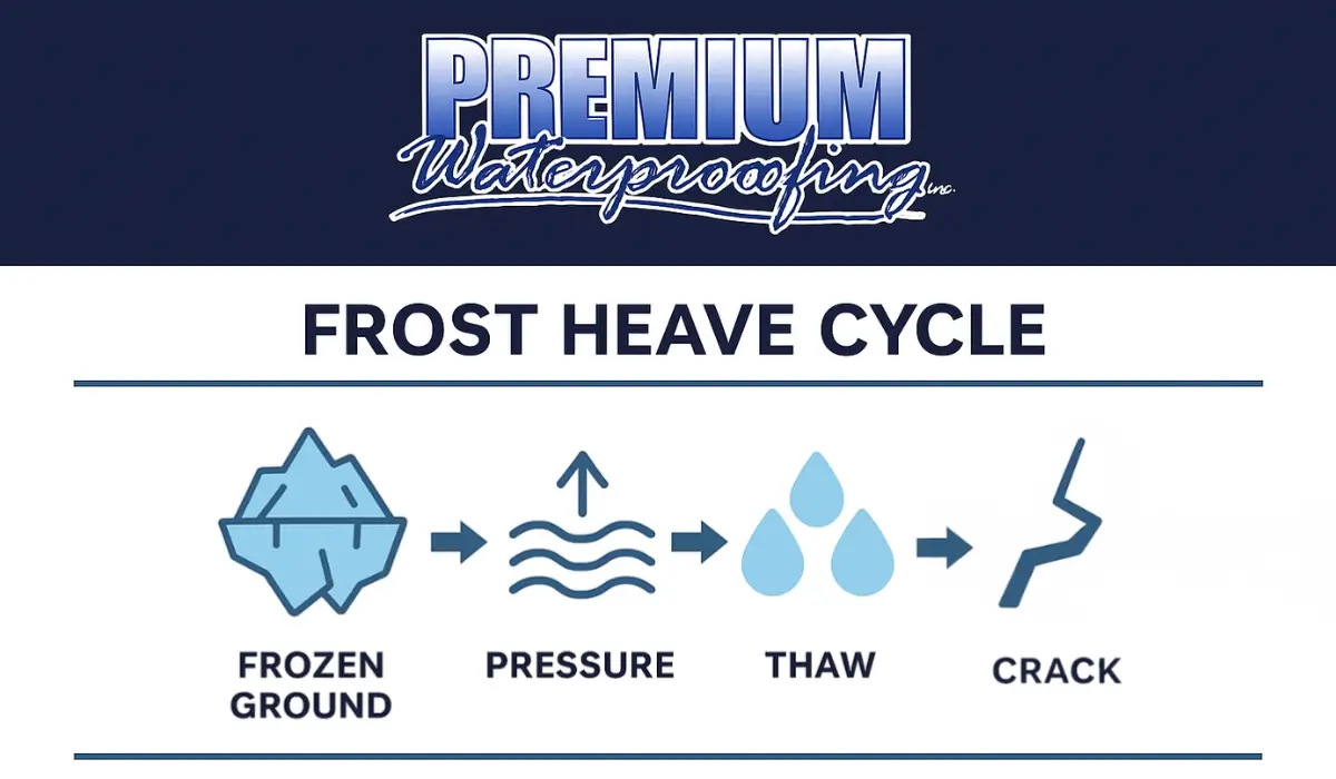 Diagram showing frost heave cycle causing foundation movement from frozen ground to thaw and wall cracking.