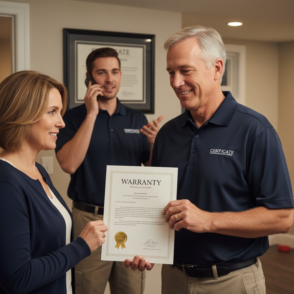 Professional service technician handing a customer a signed service warranty and guarantee certificate, emphasizing quality assurance and long-term customer peace of mind.