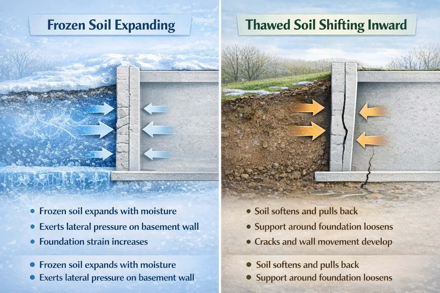 Side-by-side diagram showing how frozen and thawed soil movements crack your foundation during winter cycles.