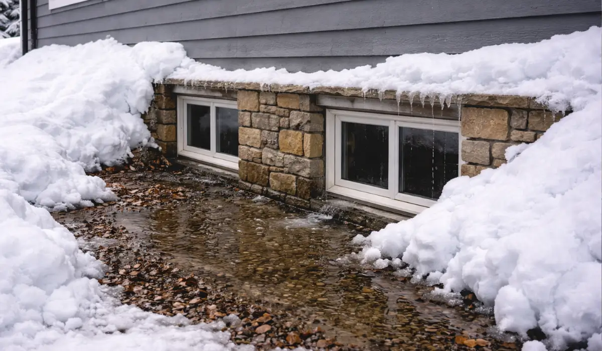 Basement windows exposed to melting snow and pooled water that may silently crack your foundation during winter.