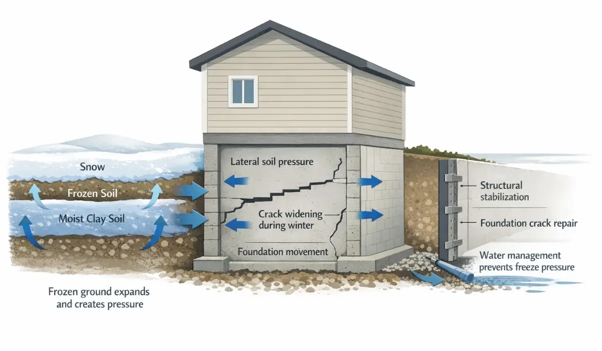 Diagram showing frozen ground expanding around a home foundation, creating lateral soil pressure, crack widening, and foundation movement, with stabilization preventing damage