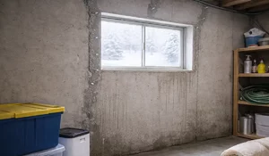 Winter basement scene with visible wall moisture and snow outside, illustrating hidden basement smells caused by trapped moisture and condensation.