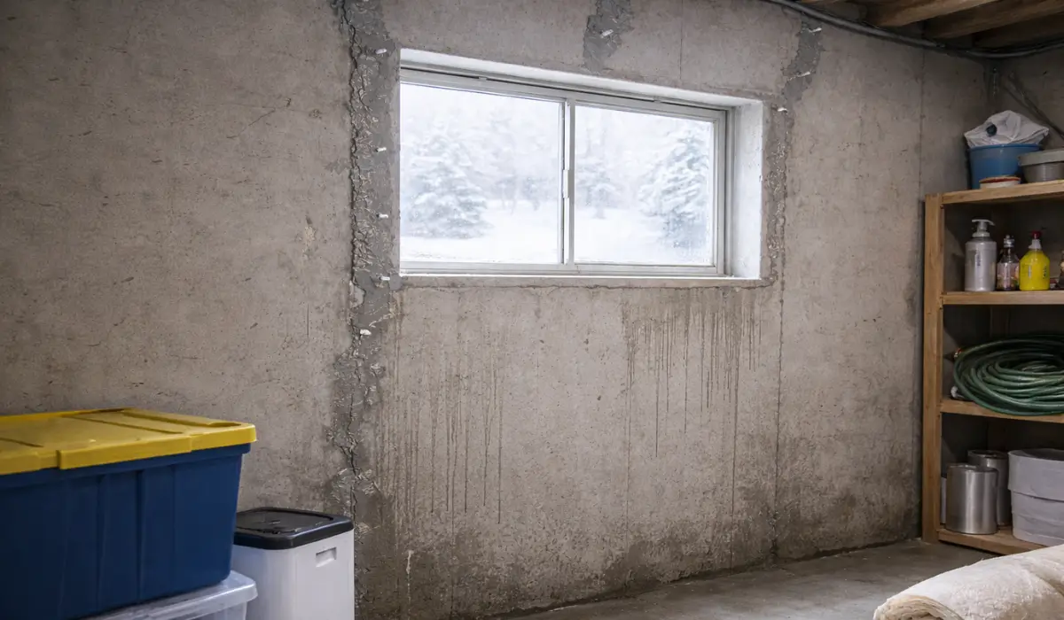 Winter basement scene with visible wall moisture and snow outside, illustrating hidden basement smells caused by trapped moisture and condensation.