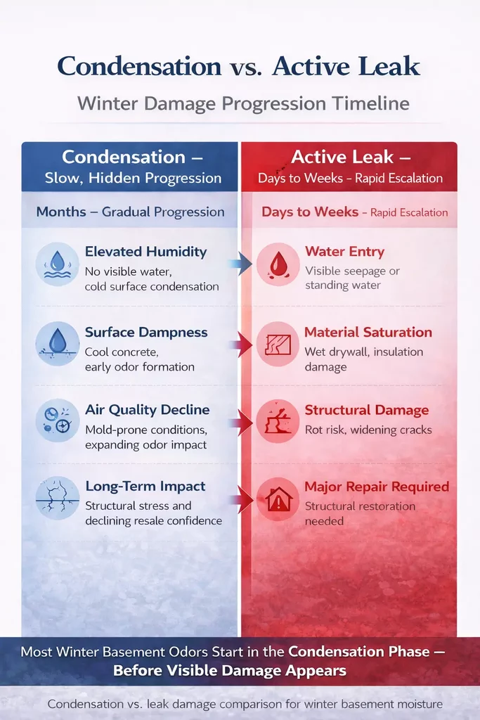 Infographic showing how basement smells progress in winter, comparing slow condensation damage with rapid active leak structural damage.