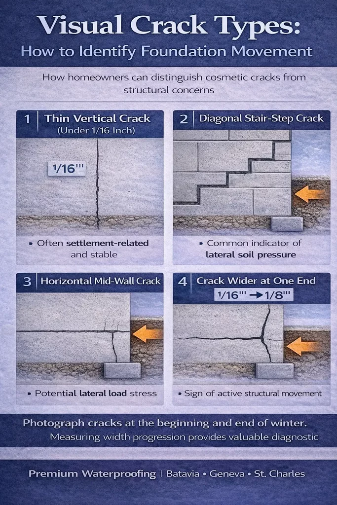 Visual comparison of vertical, stair-step, horizontal, and widening foundation cracks to help identify structural movement