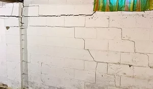 Severe horizontal and stair-step hairline foundation cracks showing structural movement in a basement block wall.
