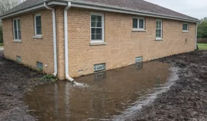 Drainage problems showing downspout water pooling near foundation, causing soil saturation and increased risk of basement leaks.