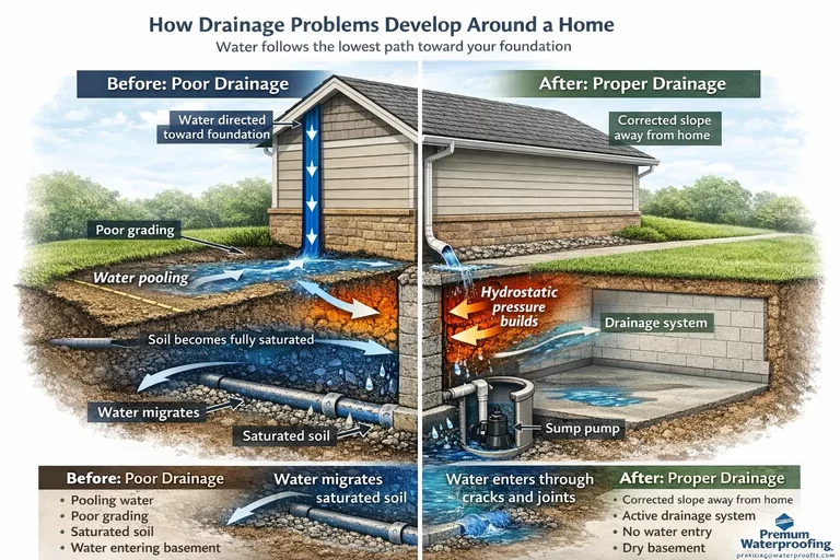Diagram showing drainage problems causing water pooling, soil saturation, pressure, and basement leaks versus proper systems.