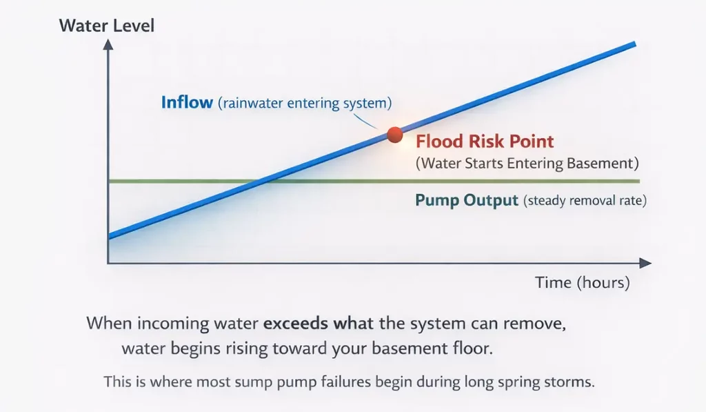 Diagram showing sump pump capacity compared to rising water inflow over time, highlighting the point where water exceeds sump pump output and flooding begins