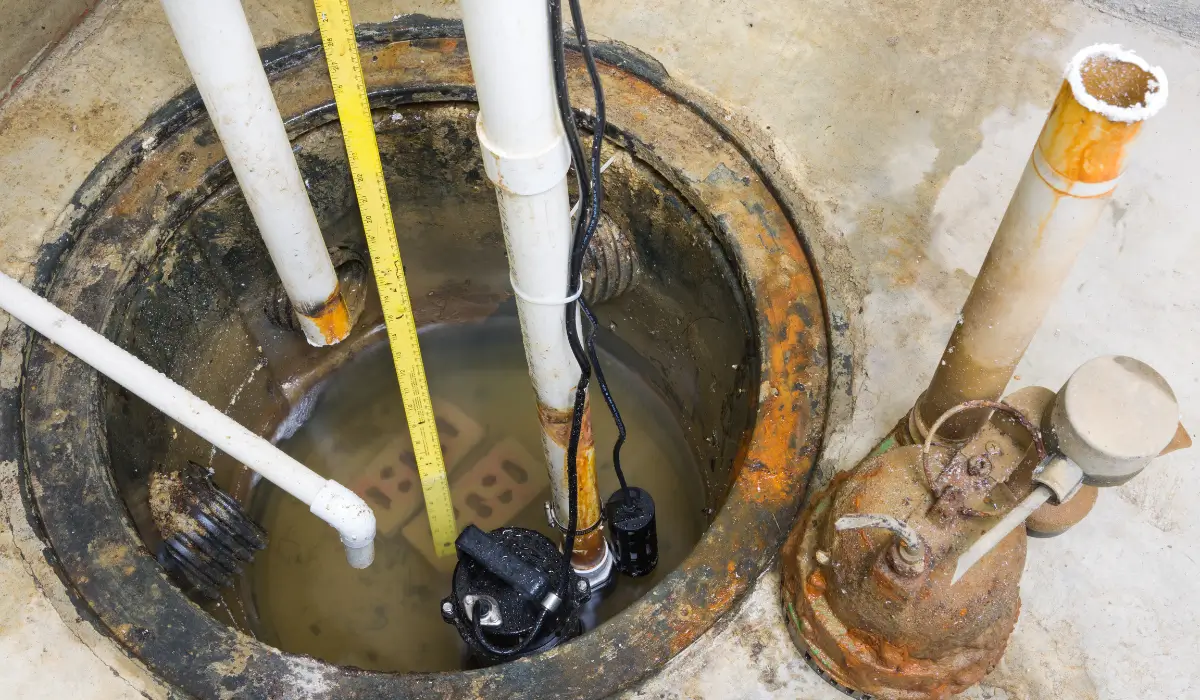 sump pump in basement pit with high water level being measured, showing how water can exceed sump pump capacity during heavy spring rainfall
