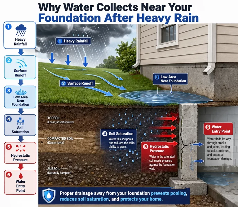 Diagram showing why water collects near your foundation, saturates soil, builds pressure, and causes structural damage.