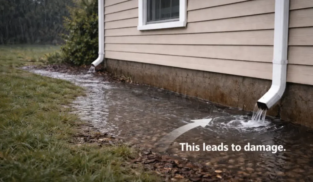 Photo showing water collects near your foundation from downspout discharge causing pooling and foundation damage risk.
