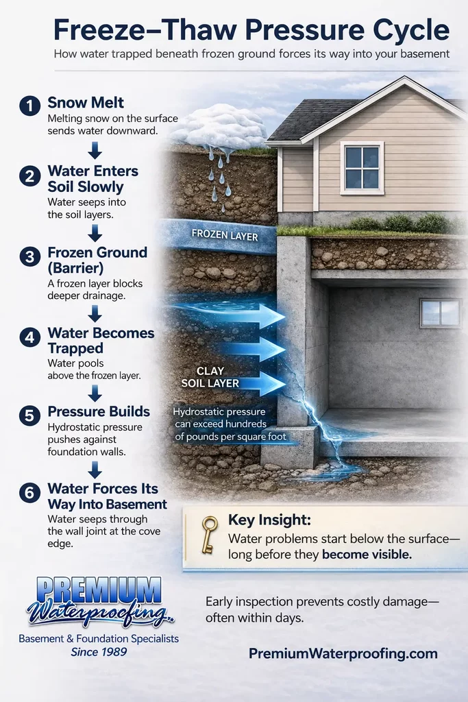 Water in basement diagram showing freeze-thaw pressure cycle with snowmelt, frozen ground barrier, trapped groundwater, and hydrostatic pressure forcing water into a home foundation