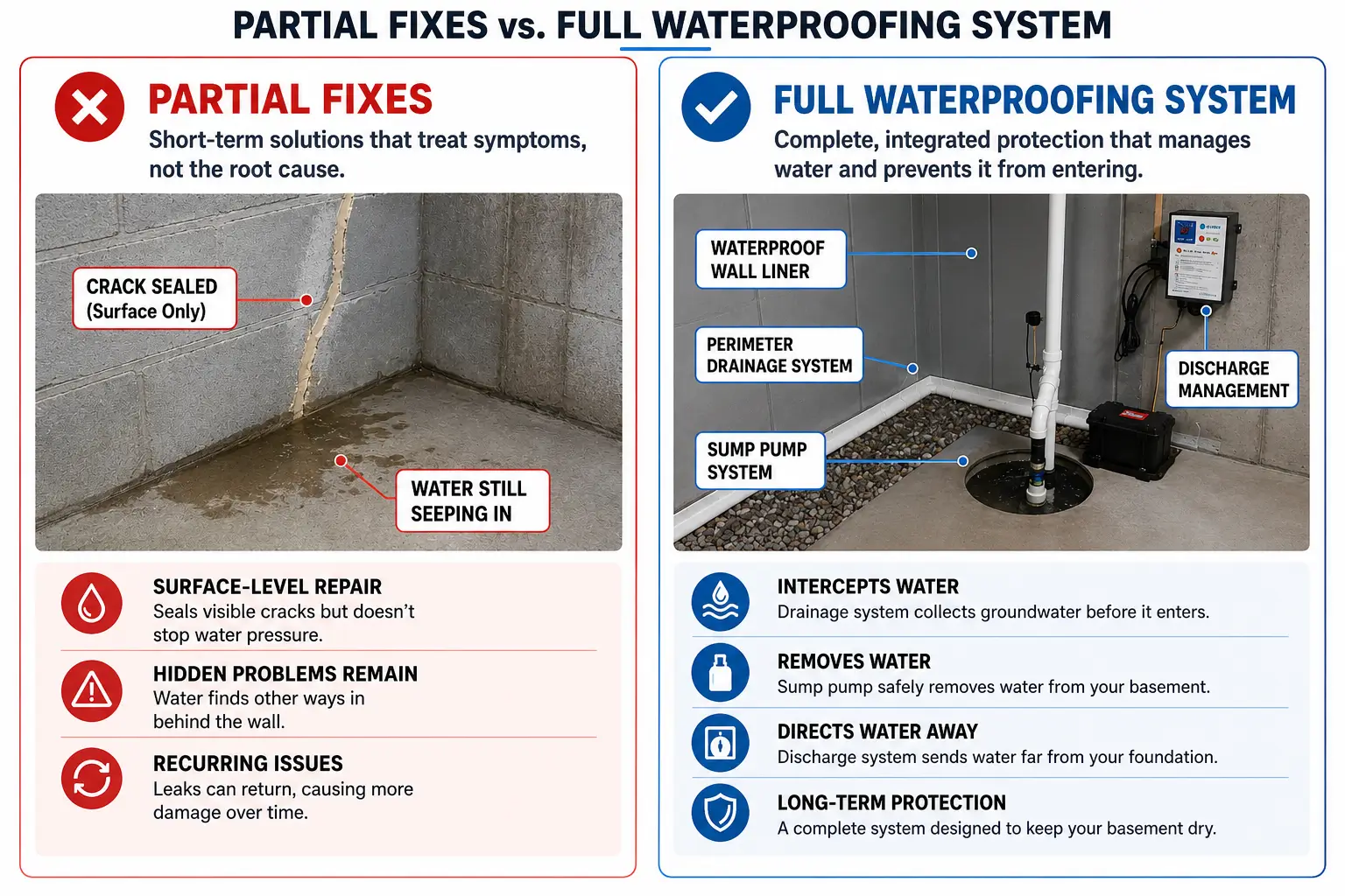 Comparison infographic showing partial basement waterproofing fixes versus a full waterproofing system, including crack sealing, water seepage, sump pump system, perimeter drainage, discharge management, and long-term foundation moisture protection before summer storms.
