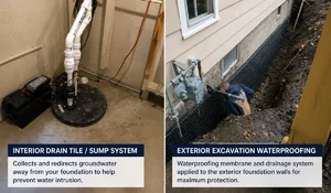 Interior vs. Exterior Waterproofing comparison showing sump systems, excavation waterproofing, and foundation moisture protection.