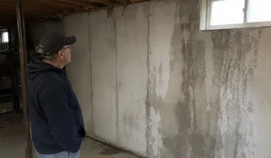 Wet basement with homeowner inspecting damp foundation wall showing moisture buildup without visible flooding present.