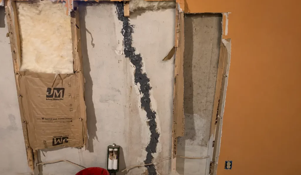 Foundation problems shown by a repaired vertical crack on a dry concrete basement wall after seasonal soil movement.