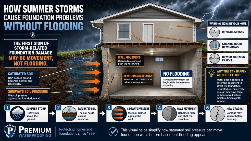 Foundation problems develop as summer storms saturate soil, creating sideways pressure, wall movement, and cracks without flooding.