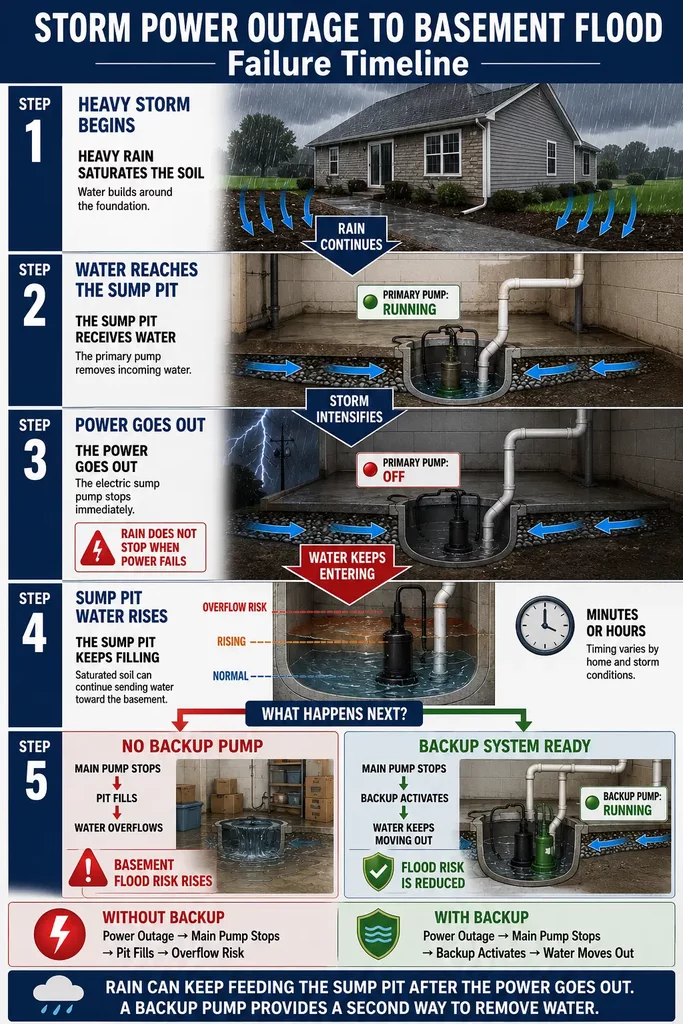 Infographic showing what happens when your Sump Pump Loses Power During a Storm and backup protection activates.