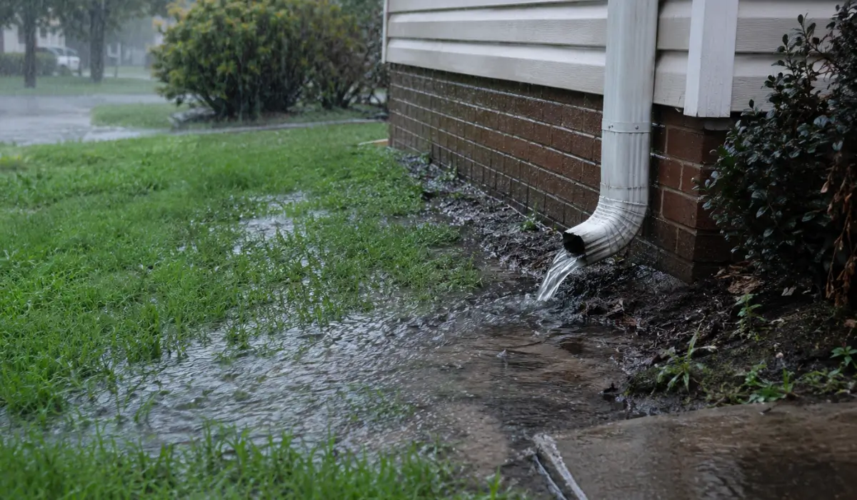 Heavy rain collects beside a home where a Sump Pump Backup System helps reduce basement flood risk.