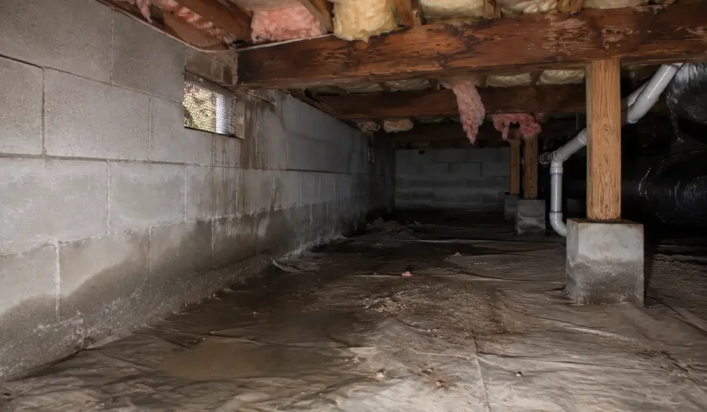 Crawl Space Moisture Problems shown with stained framing, damaged insulation, masonry walls, and ground covering below.