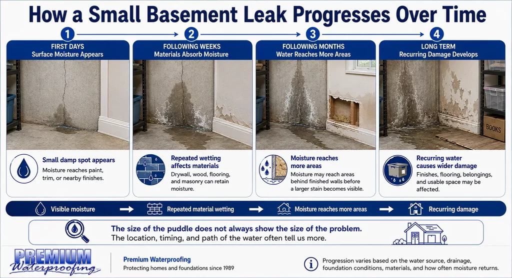 Diagram showing how a small basement leak progresses from surface moisture to recurring damage over time.
