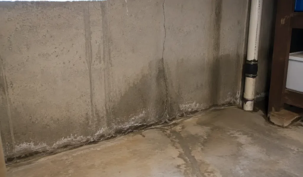 Small Basement Leaks appear around a foundation wall crack with moisture staining near the basement floor.