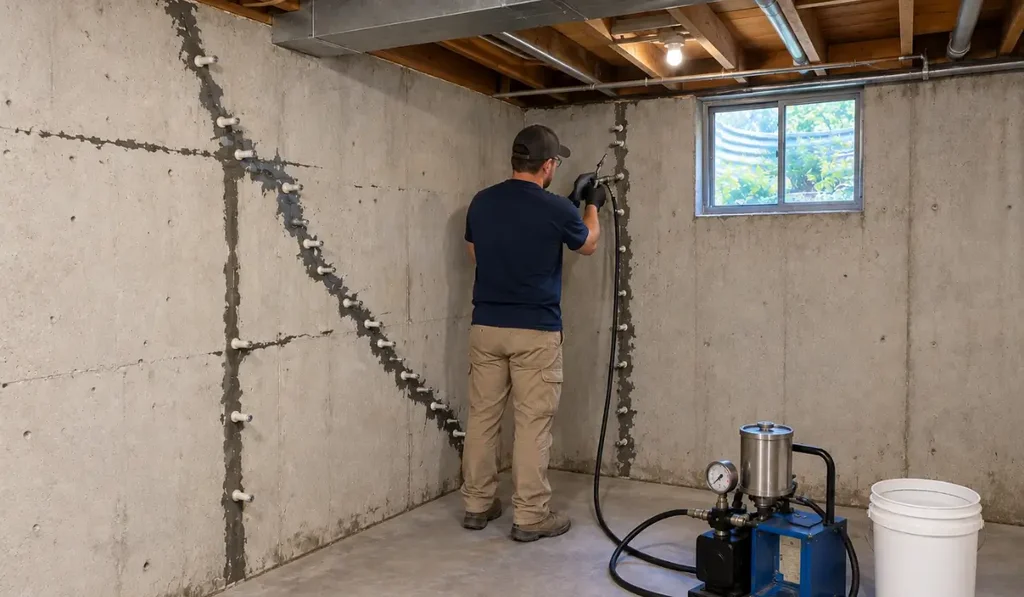 Epoxy versus polyurethane foundation crack injection performed on poured concrete basement walls using professional injection equipment.