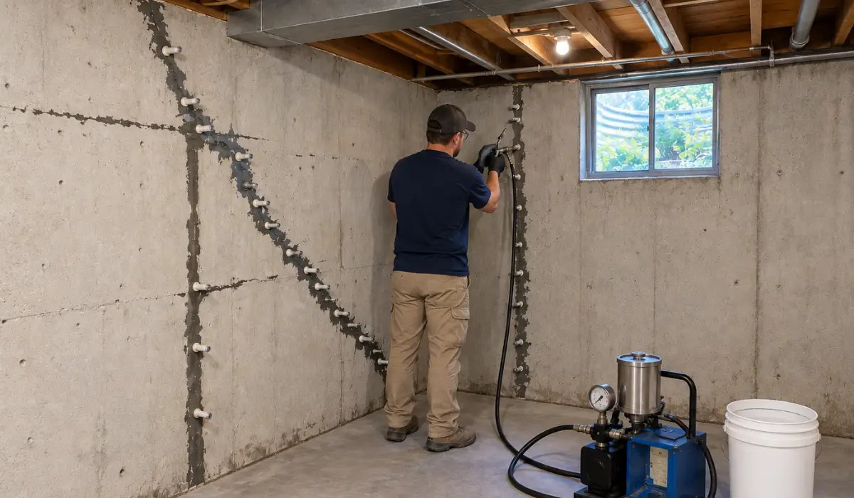 Epoxy versus polyurethane foundation crack injection performed on poured concrete basement walls using professional injection equipment.