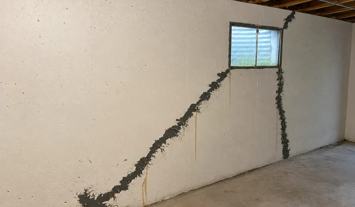 Diagonal foundation crack repair area extends across a poured concrete basement wall toward the nearby window.