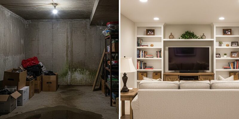 Before and After basement remodel: Unfinished, wet, and cluttered concrete basement is transformed into a clean, modern, fully finished living room with built-in shelving and recessed lighting.